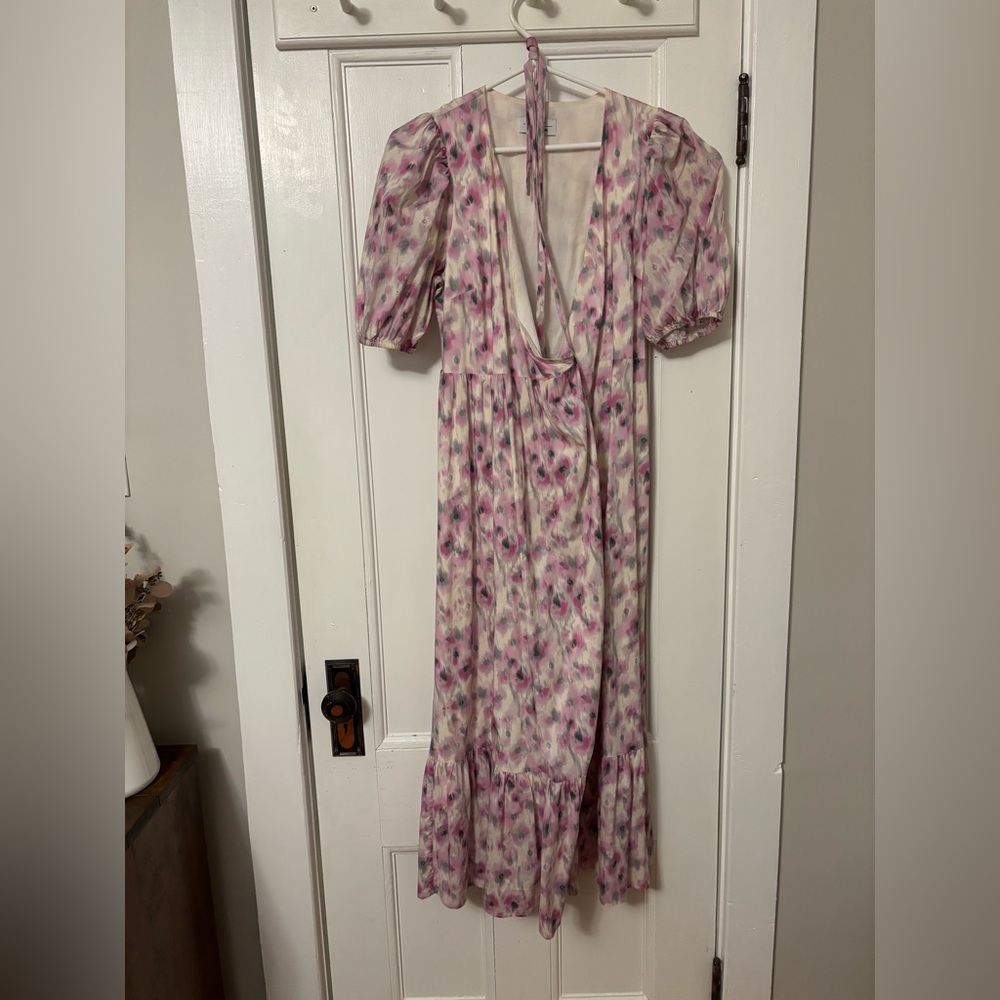 & Other Stories Floral Wrap Midi Dress — Purple & Pink, Puff Sleeves | EUR 36